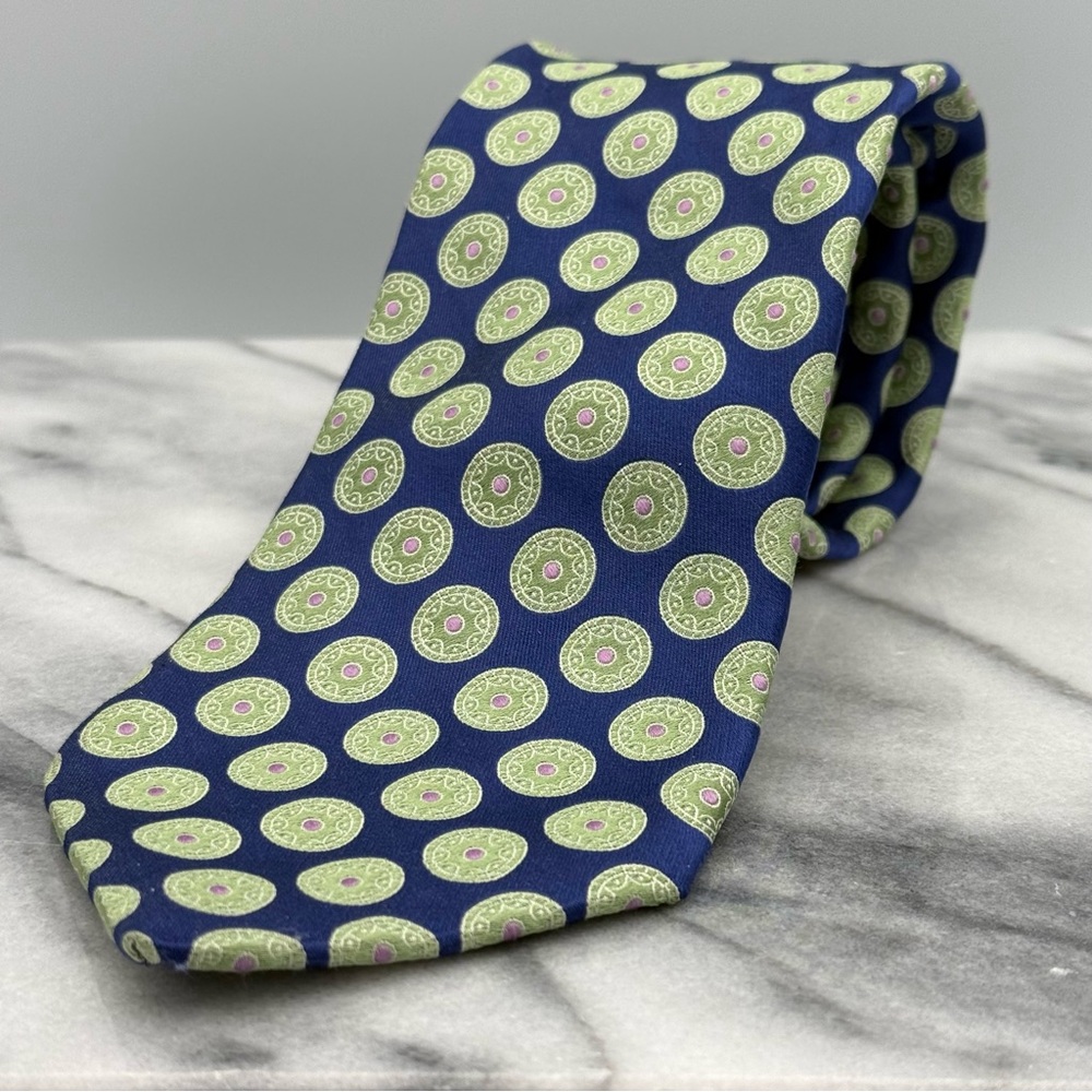 Ike Behar New York Luxury Men's Silk Tie Green/Blue Circle Pattern